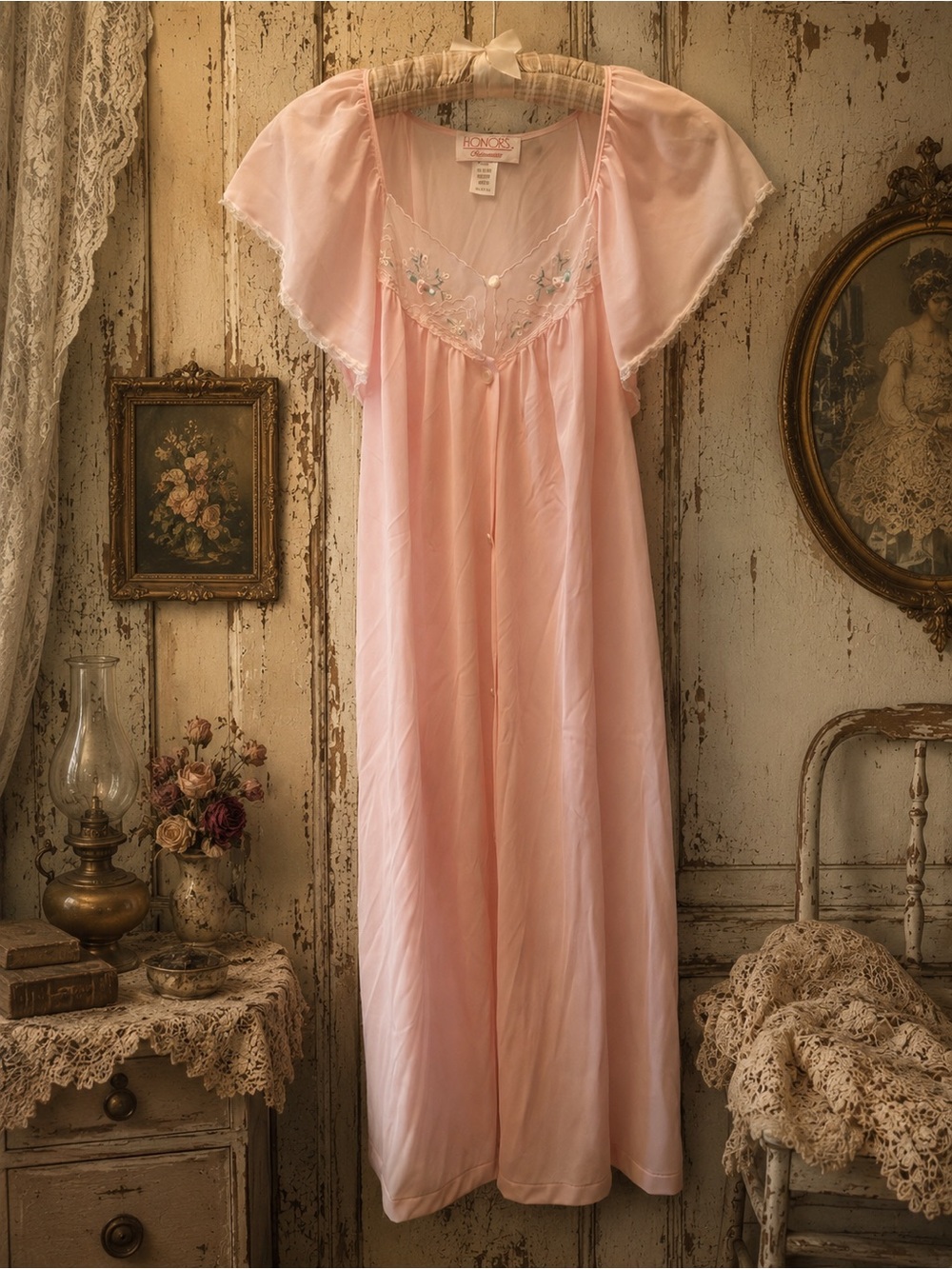Vintage Honors Intimates Pink Nylon Embroidered Flutter Sleeve Nightgown USA